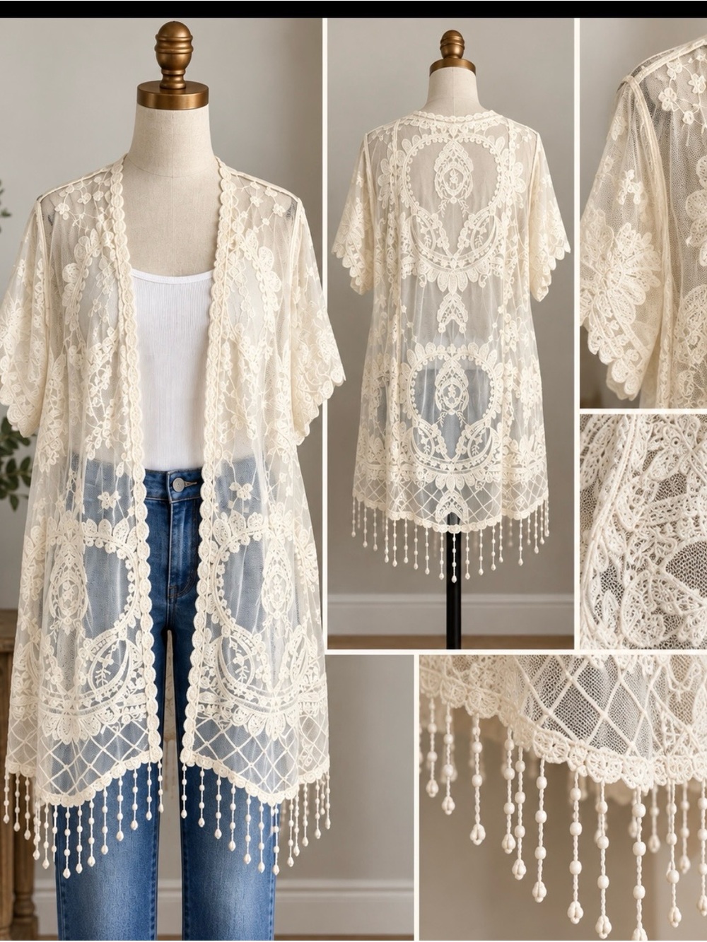 Ivory Embroidered Lace Duster Cardigan with Fringe – Size 1